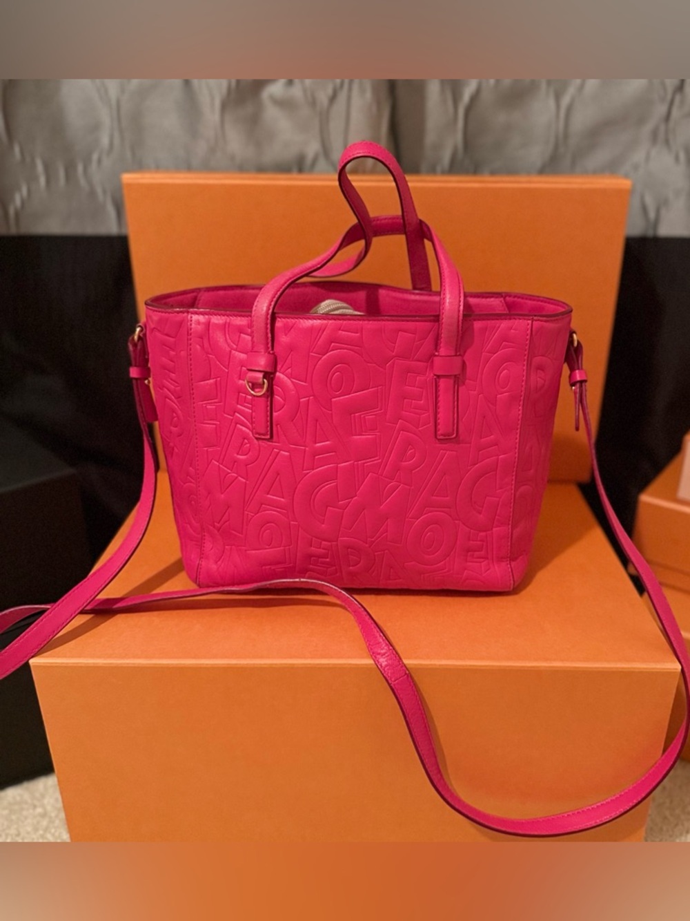 Salvatore Ferragamo Gancini 2 Way Shoulder Handbag Embossed Leather Fushia Pink